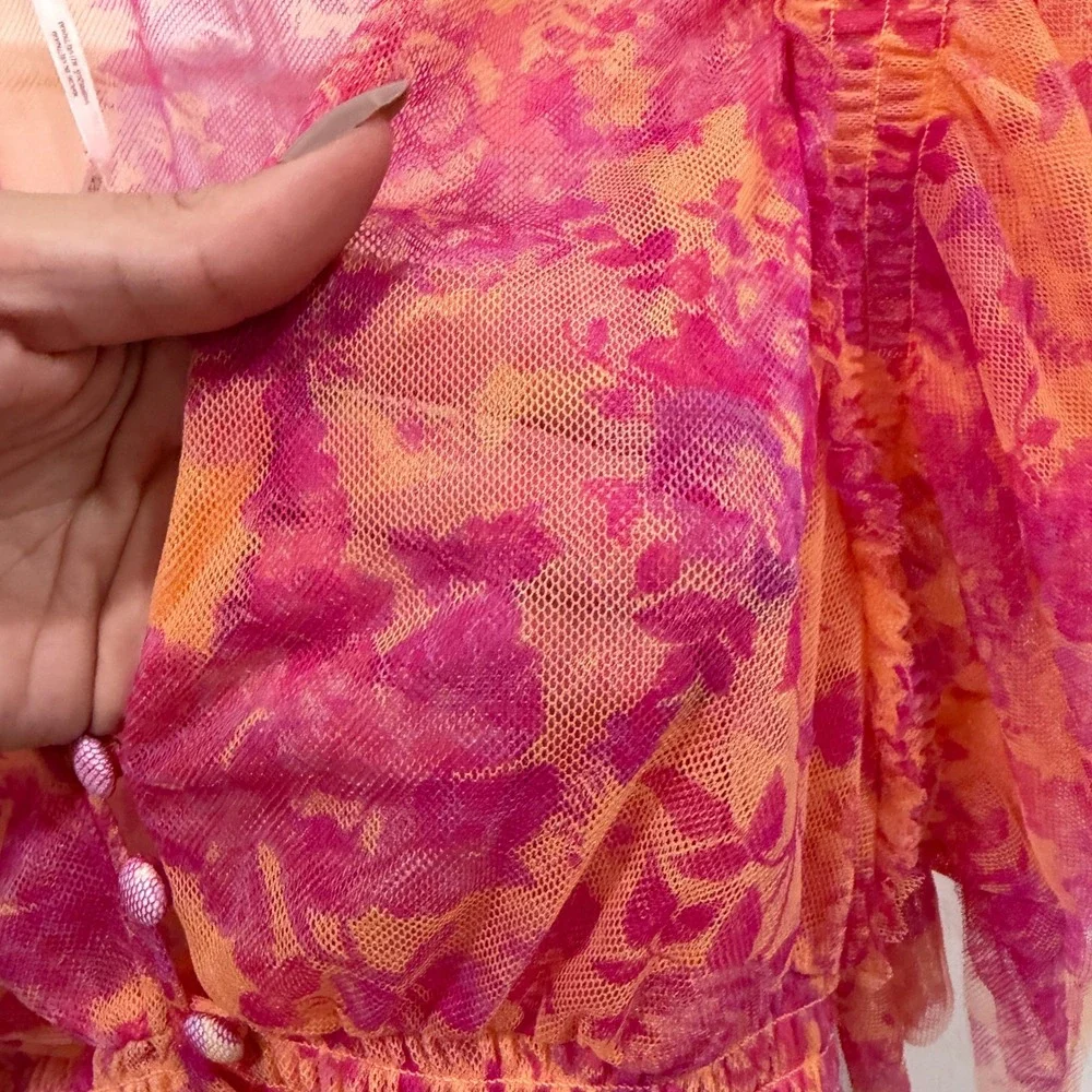 Free People XS Top Floral Print‎ Ruffle Sleeve Smocked Blouse Orange Pink